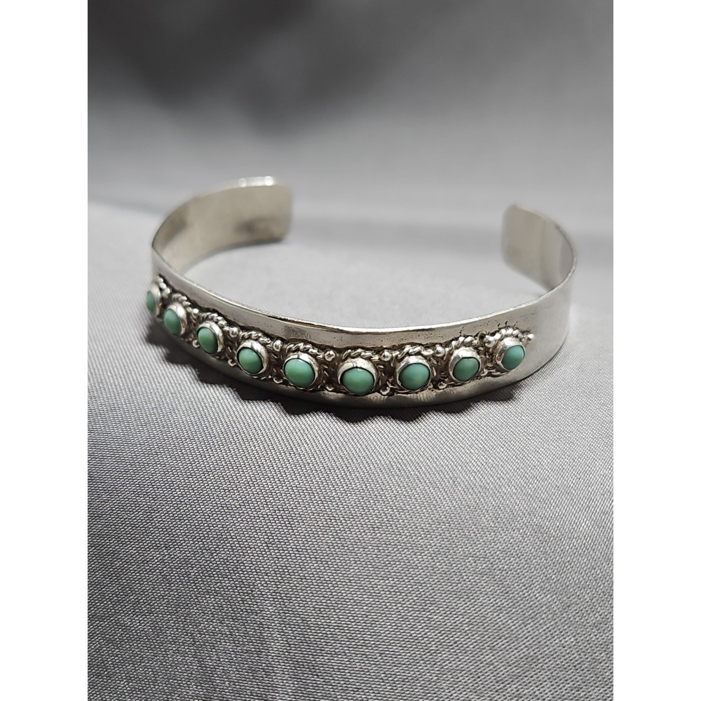 Sterling Petit Point Turquoise Cuff Bracelet 3/8" Vintage Signed MS 925 Mexico